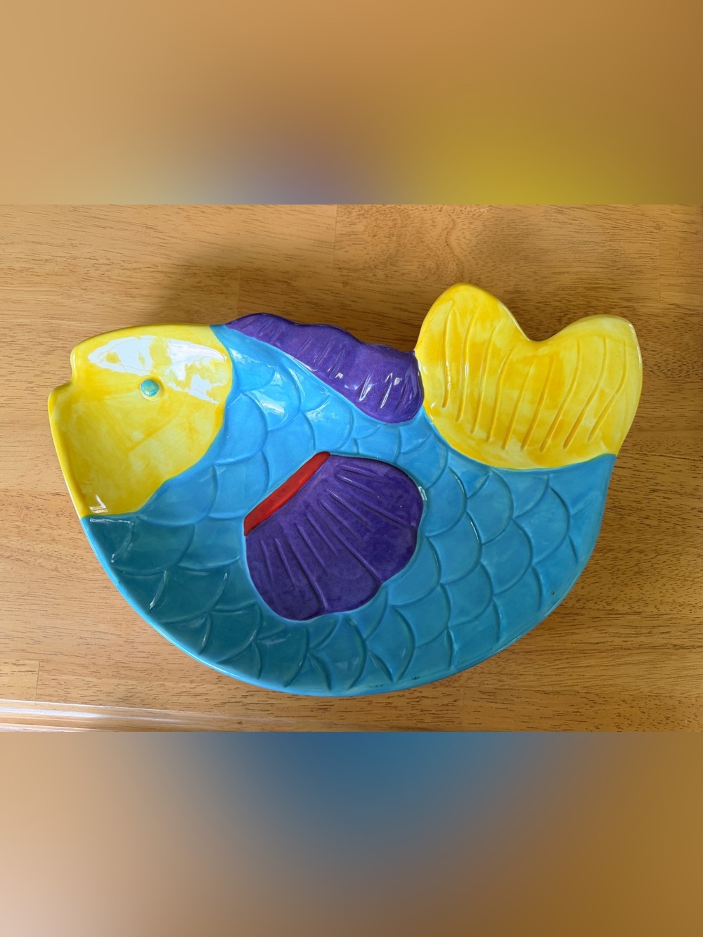 Colorful Ceramic Blue Fish Ceramic Dish with Yellow, Purple & Red Accents